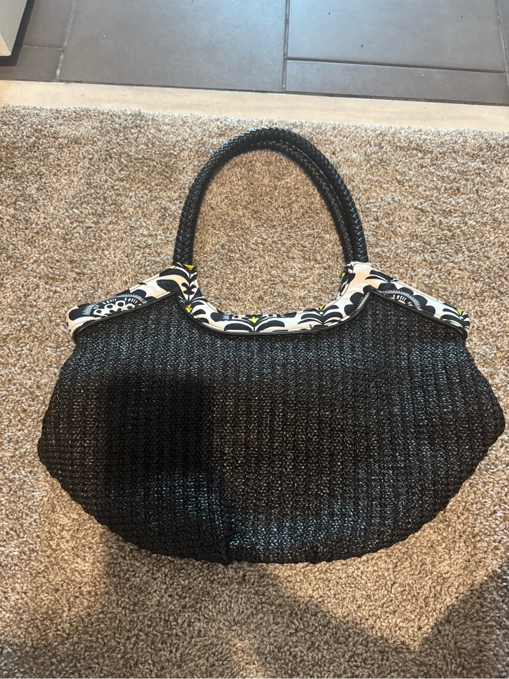 Vera Bradley Black Woven Tote Bag with Patterned Trim